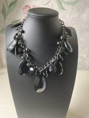 Vintage Gothic Jet Black Lucite Teardrop Chunky Statement Bib Chain Necklace